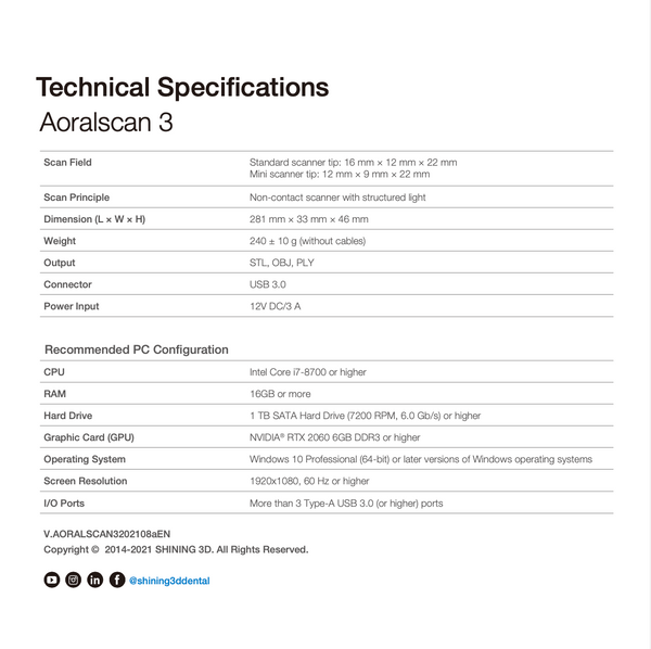 Shining 3D Scanner  AORALSCAN 3 NEW MODEL